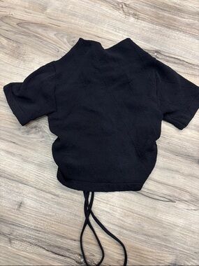 Black Textured Short Sleeve Drawstring Top